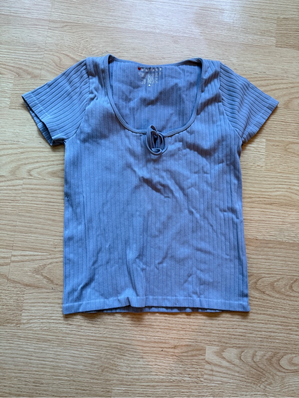 Ribbed Scoop-Neck Tie Front Short Sleeve Top - Slate Blue